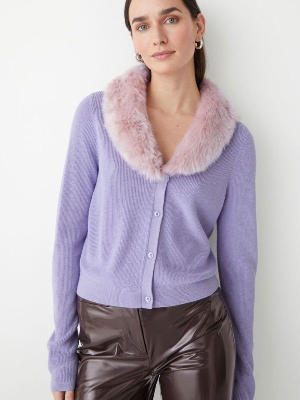 & Other Stories Women's Medium Lilac Silk Wool Knit Cardigan Faux Fur Collar